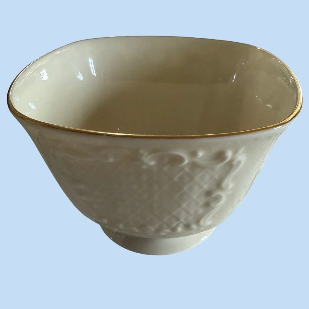 Lenox Ivory Bone China Square Bowl Gold Rim Embossed Lattice Scroll Made in USA
